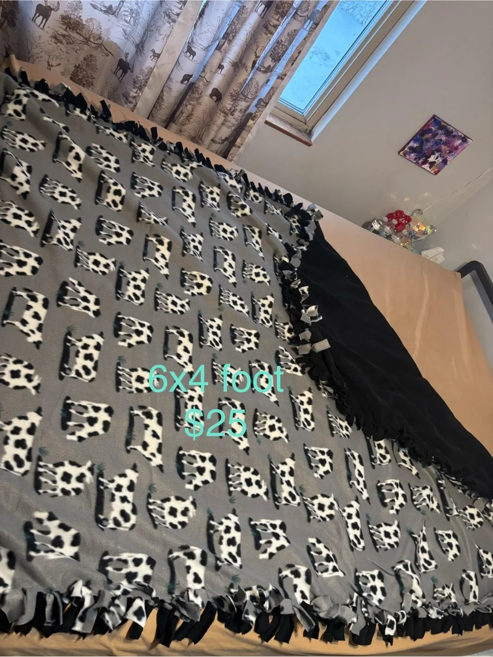 Reversible Fleece Tie Blanket - Black & Gray Cow Spot